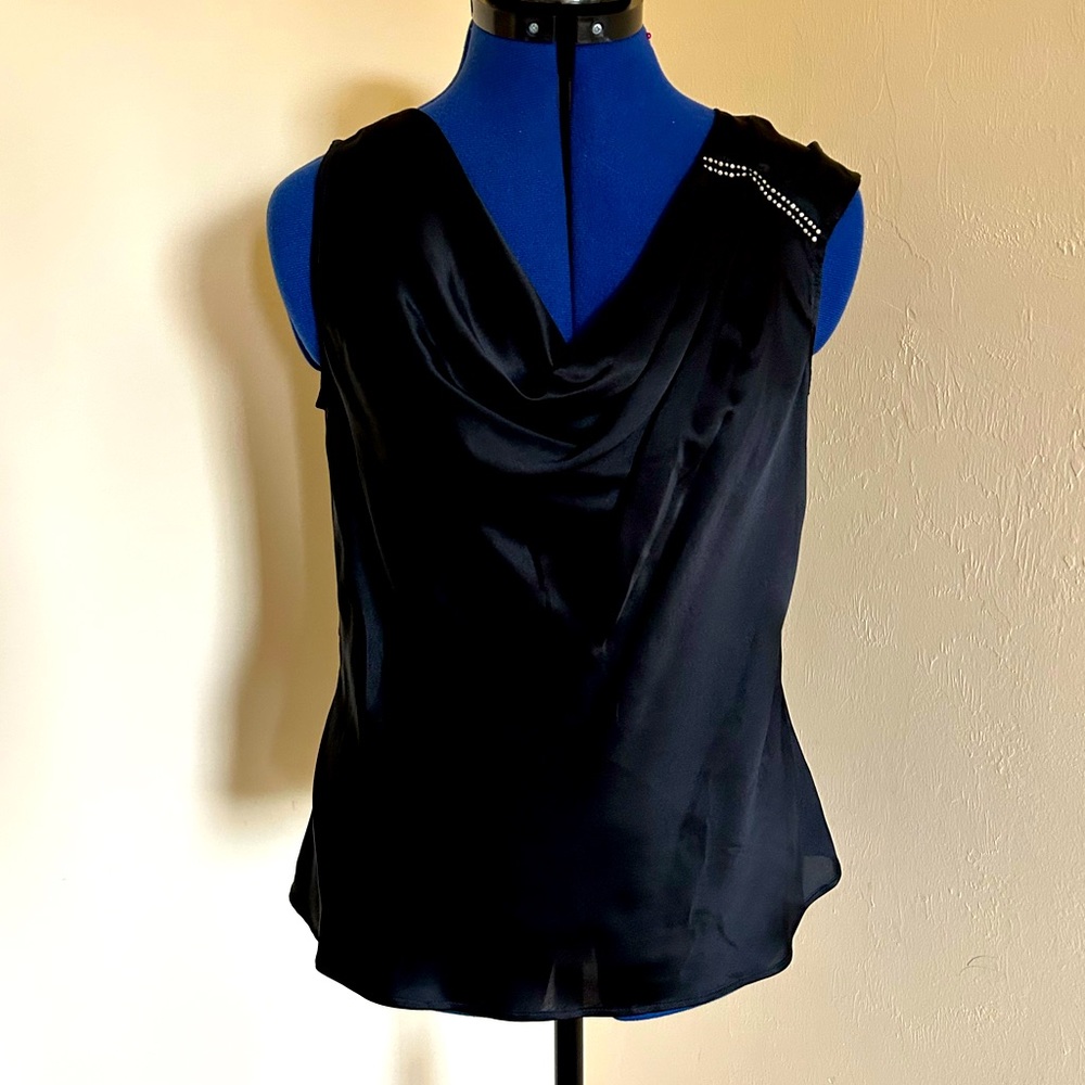 St John Evening Black Silk Sleeveless Drape Tank Top with Rhinestone Acc…